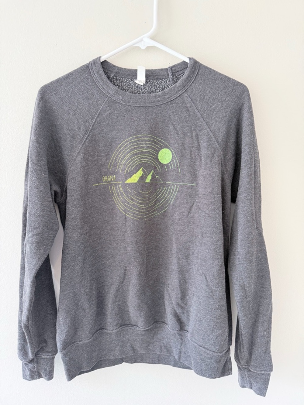 Ohana Gray Crewneck Sweatshirt with Neon Green Mountain Graphic